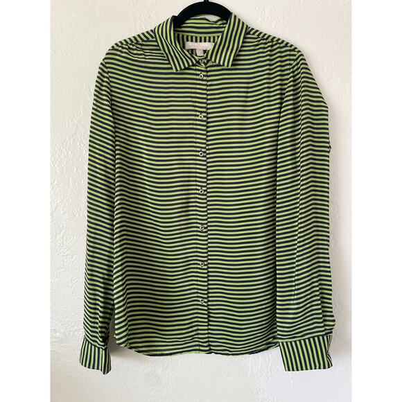 Banana Republic Oversized Stripped Button Up Silk LS Blouse Corporate Goth Green - Picture 1 of 6